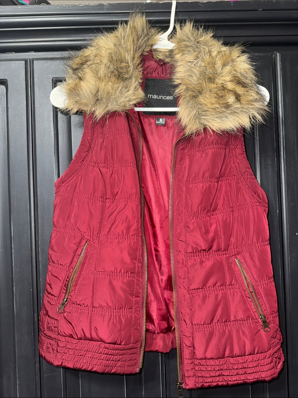 Maurices Burgundy Quilted Puffer Vest with Faux Fur Hood